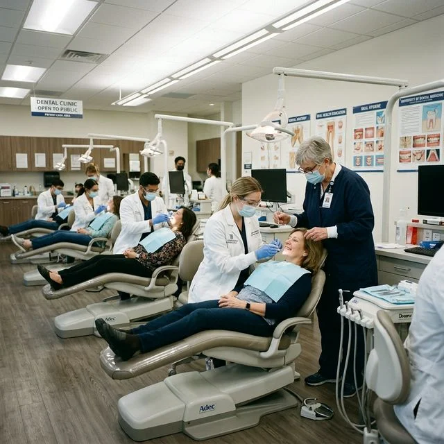 Dental school training clinic with students treating patients under faculty supervision in a modern clinical setting
