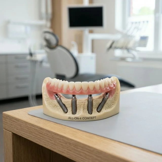 All-on-4 dental implant jawbone model showing four titanium posts at strategic angles supporting a full arch of replacement teeth