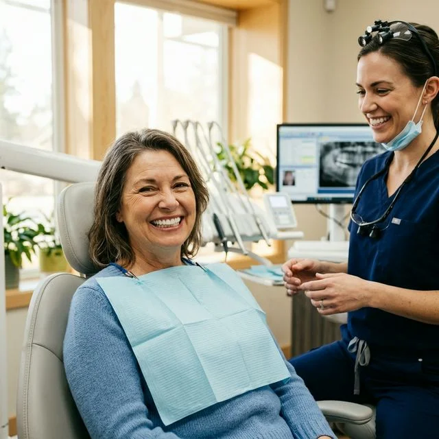 Patient smiling confidently after All-on-4 dental implant treatment showing natural-looking full arch restoration