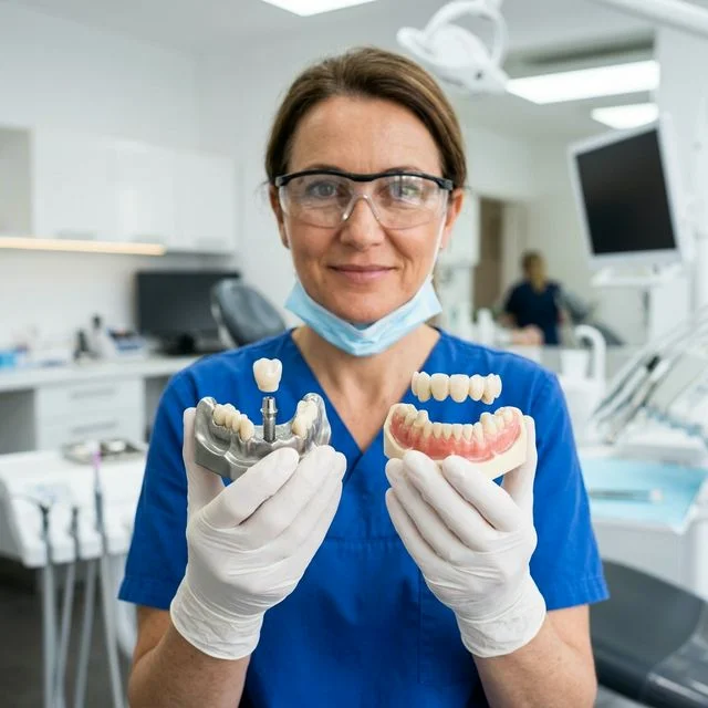 Dentist comparing a dental implant model with a traditional dental bridge prosthetic side by side for patient education