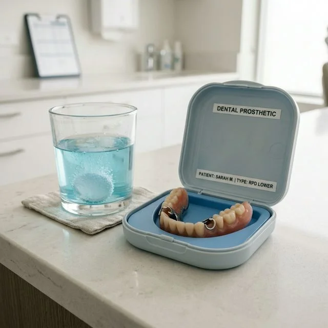 Removable partial denture in a professional dental case with cleaning solution on a clinic counter