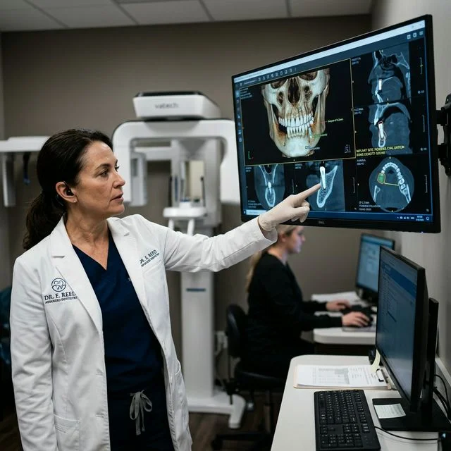 Dentist reviewing a 3D CBCT cone beam scan showing jawbone density measurements for implant planning with bone deficiency