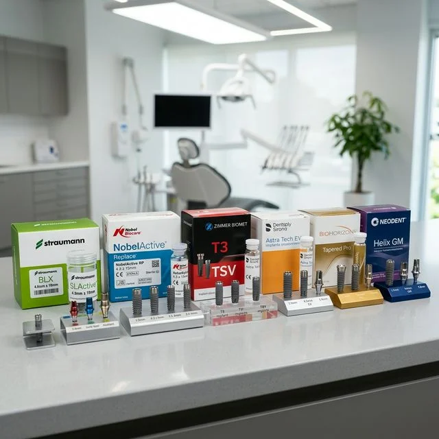 Multiple premium dental implant brand systems displayed side by side showing different fixture designs and surface treatments