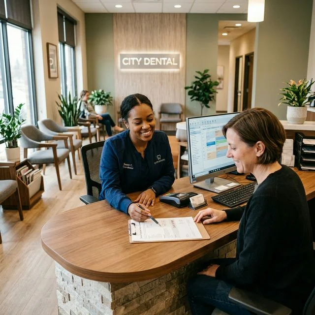 Patient reviewing dental implant treatment costs with a dental coordinator at a modern clinic reception desk