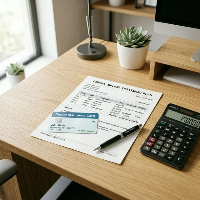 Dental implant treatment plan document with insurance card and calculator on a desk for cost planning