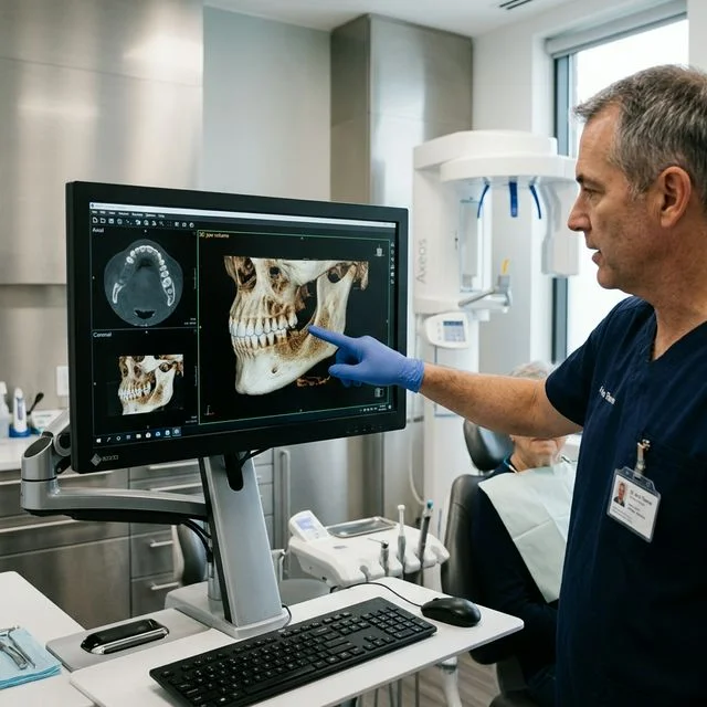 Dentist analyzing a 3D CBCT jawbone scan on a monitor to assess bone density for dental implant placement in a senior patient