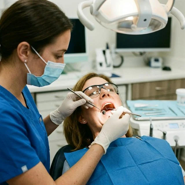 Dentist examining a dental implant site with a periodontal probe and mirror to check for complications and bone loss