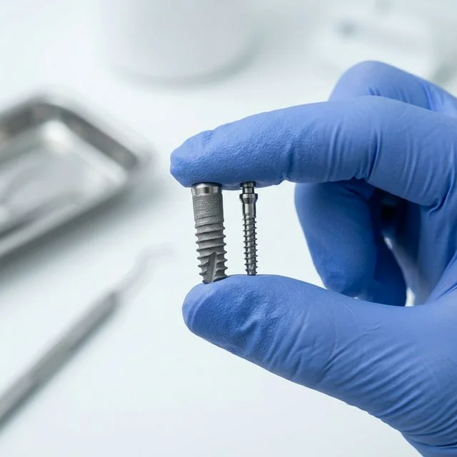 Close-up comparison of a standard dental implant and a narrower mini dental implant held in gloved hands showing size difference