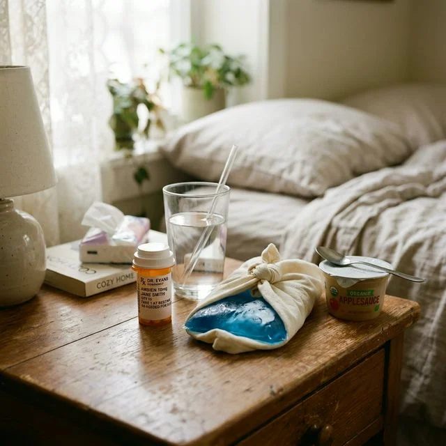 Post-dental surgery recovery essentials arranged on a nightstand including medication bottles, ice pack, water glass, and soft food