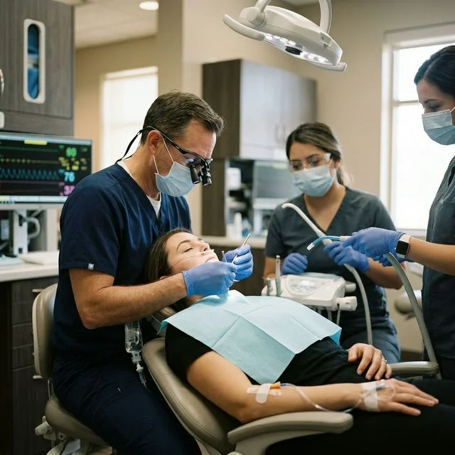 Patient receiving dental implant surgery under IV sedation in a modern dental operatory with monitoring equipment