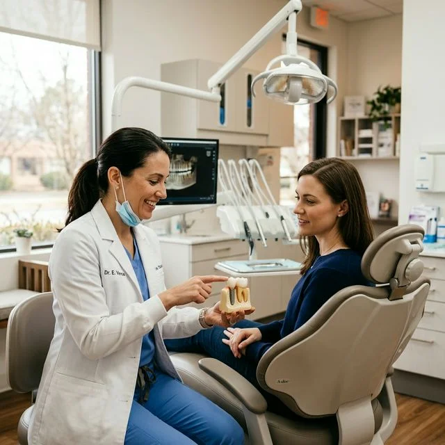 Dentist explaining dental implant procedure using a jawbone model to a patient during an initial consultation in a modern clinic