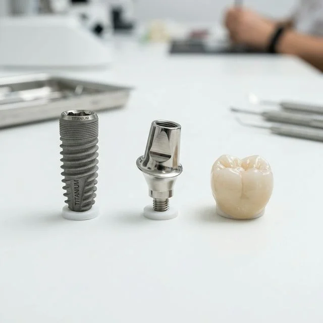 Three components of a dental implant system: titanium post, abutment connector, and porcelain crown displayed separately