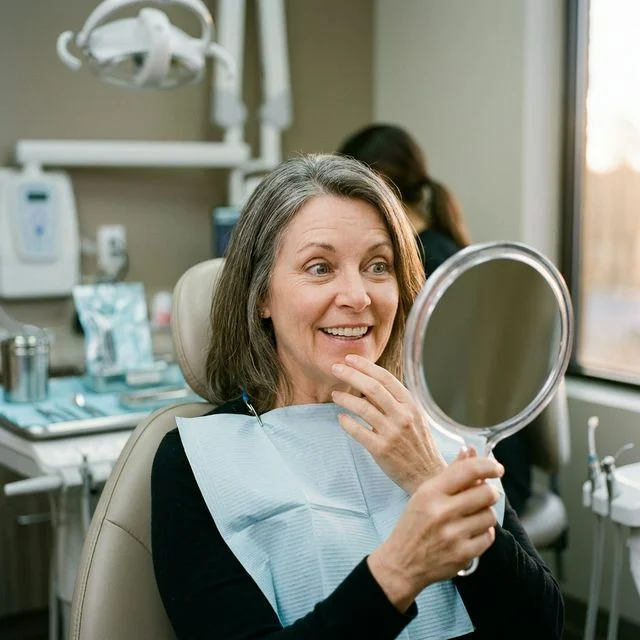 Patient admiring her new teeth in a mirror immediately after same-day dental implant surgery in a modern dental clinic