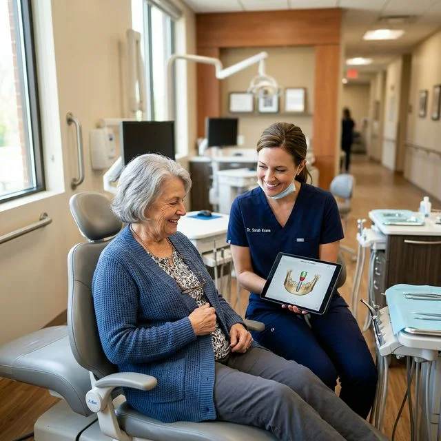 Senior patient discussing dental implant options with dentist using a tablet screen in a modern dental clinic