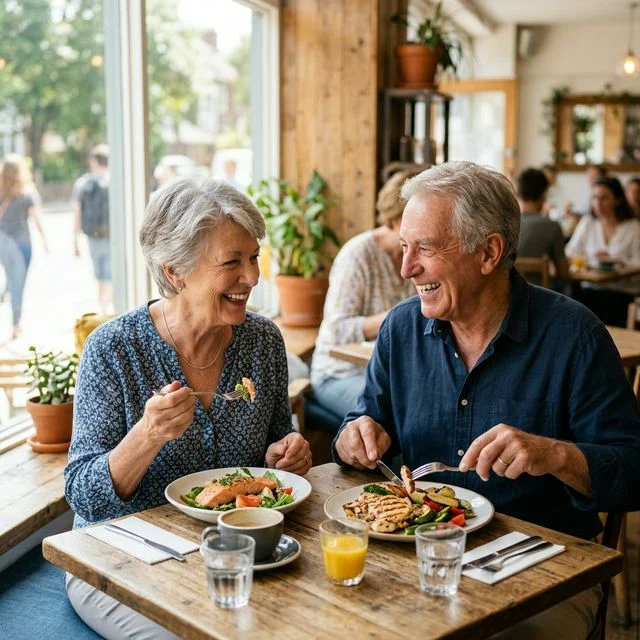 Senior couple smiling and enjoying a meal together at a bright restaurant after successful dental implant treatment