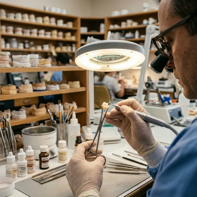 Dental technician crafting a custom porcelain crown under magnification in a dental laboratory