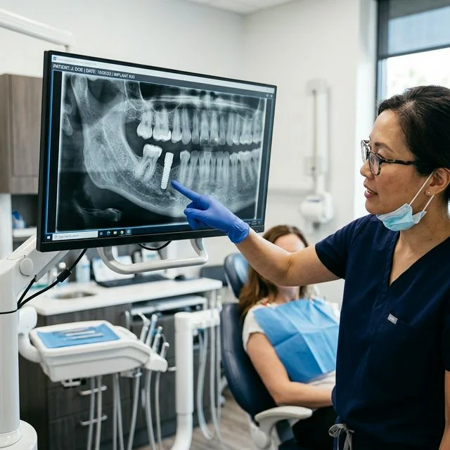 Panoramic dental X-ray showing a single titanium implant fully integrated in the jawbone with surrounding natural teeth