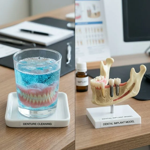 Side-by-side comparison of removable dentures in cleaning solution and a dental implant anchored in a jawbone model