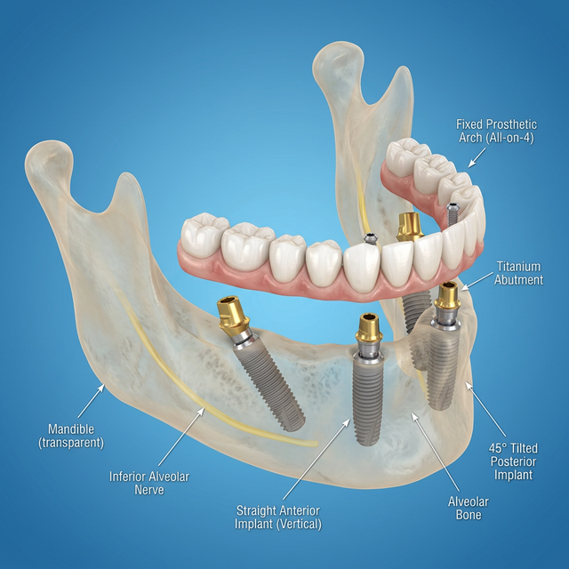 3D illustration of All-on-4 dental implants showing tilted posterior implants