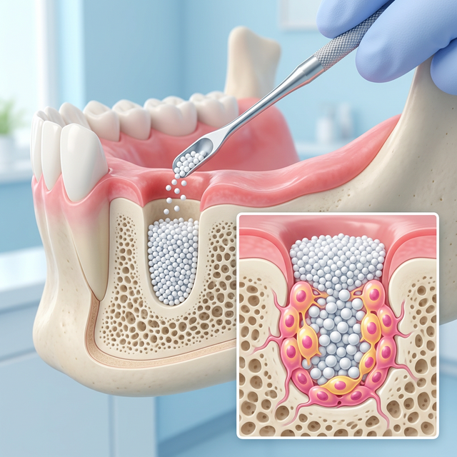 3D illustration showing sterile bone granules acting as a scaffold in the jaw to rebuild bone