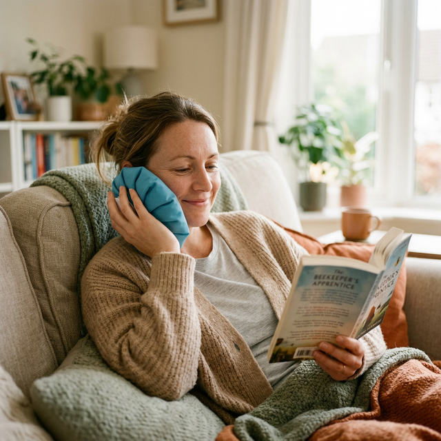 A woman recovering comfortably on the sofa with an ice pack and a book