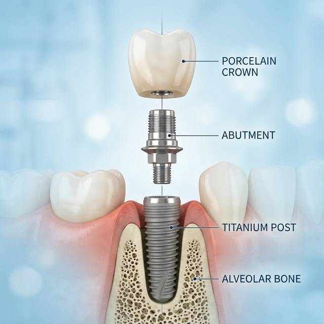 3D illustration showing the three parts of a dental implant: titanium post, abutment, and porcelain crown