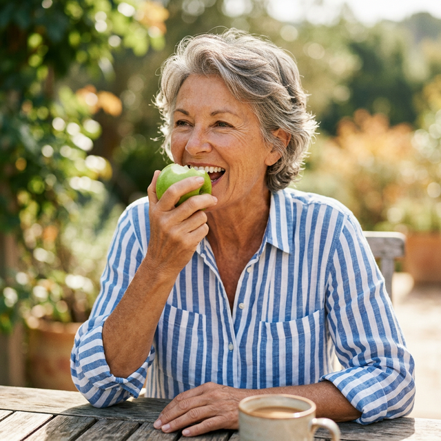 Happy senior woman confidently eating a green apple with dental implants