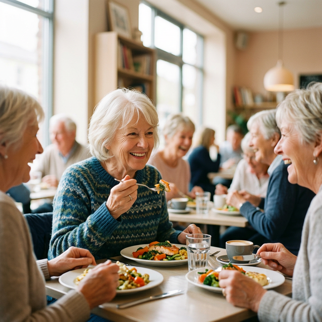 Seniors confidently eating with stabilized dentures thanks to mini implants