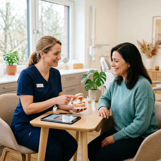 Dentist explaining a dental bridge model to a patient in a reassuring consultation setting
