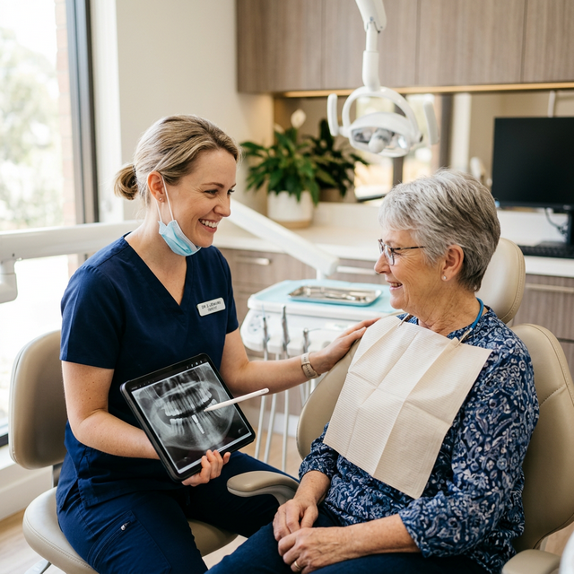 Caring dentist smiling and explaining a successful implant x-ray to a relaxed patient